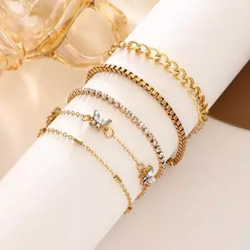 Комплект браслетов-цепочек с бриллиантами в виде бабочки: 5-компонентный комплект для женщин в холодном стиле CK0055 Set золотой