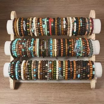 Комплект браслетов из бирюзовых бабочек и деревянных бусин в стиле ретро - 45 шт., эластичная резинка, произвольный микс