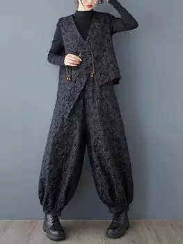 Комплект брюк асимметричной формы с жаккардовым узором на одной пуговице XITAO GMM1156 One Size чёрный