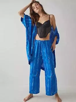 Комплект брюк, домашняя одежда, модные свободные комплекты из 2 предметов, женские наряды, повседневные халаты на шнуровке с длинными рукавами, пижамы с высокой талией 2023 S синий