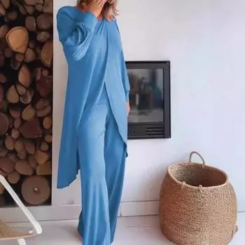 Комплект брюк из 2 шт./компл., нерегулярный подол, круглый вырез с рукавами, верх, широкие свободные брюки больших размеров M небесно-голубой