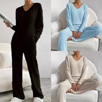 Комплект брюк из яркого полиэстера с V-образным вырезом, длинными рукавами, карманами, прямыми штанинами, элегантный S бежевый