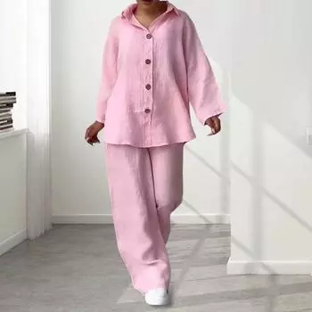 Комплект брюк плюс размер с лацканами и длинными рукавами, топ с широкими штанинами, свободные брюки с тонкой эластичной резинкой на талии, повседневная домашняя одежда, наряд на каждый день M розовый