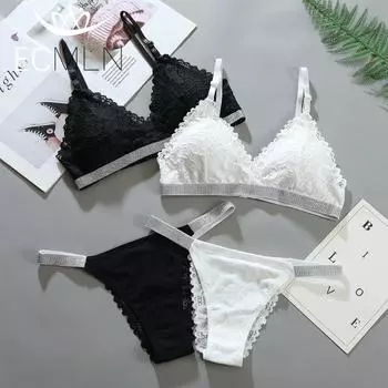 Комплект бюстгальтера, новый сексуальный кружевной бюстгальтер, регулируемые тонкие треугольные чашки, трусики с низкой талией, комплект бюстгальтера S белый