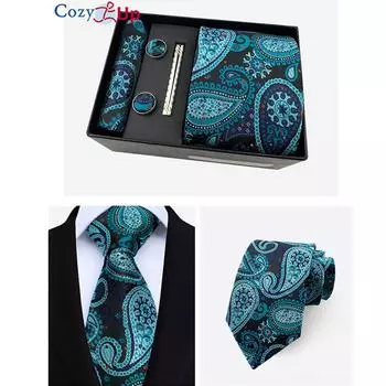 Комплект Cosy Up из 6 предметов, мужские галстуки с узором пейсли, включая галстук, квадратный шарф, манжеты, зажим для галстука, подарочная коробка