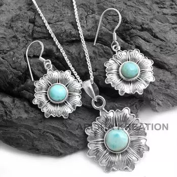 Комплект цветочных украшений, комплект подвесных сережек, комплект модных украшений, эффектные украшения синий