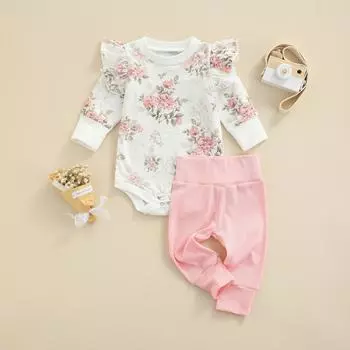Комплект детского костюма из 2 предметов, комбинезон с длинными рукавами и круглым вырезом с цветочным принтом + однотонные брюки для девочек 0-18 месяцев 0-6 Months белый