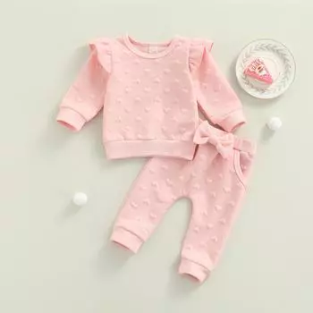 Комплект детского костюма из 2 предметов, однотонные топы с круглым вырезом и длинными рукавами с рюшами + брюки с бантом для девочек, розовый, 0-24 месяца 0-3 Months розовый