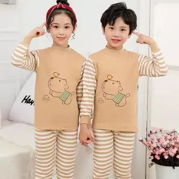 Комплект детского термобелья трехслойный: Плотный осенний топ и брюки для мальчиков и девочек - стеганый хлопок для осени и зимы 100cm