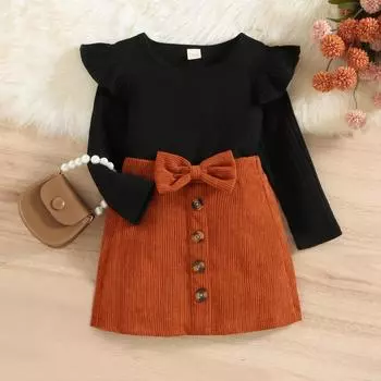 Комплект детской футболки и юбки, топ с круглым вырезом и длинными рукавами для маленьких девочек, короткие юбки, комплект детской одежды 110