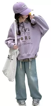 Комплект детской одежды для девочек, джинсовые брюки с длинным рукавом, корейская одежда, детская осенняя одежда, стильная милая комнатная одежда, одежда для дома, весна-осень, день рождения фиолетовый