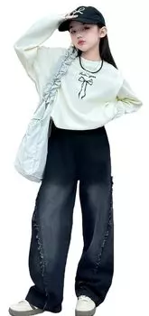 Комплект детской одежды для девочек, джинсовые брюки с длинным рукавом, корейская одежда, детская осенняя одежда, стильная милая комнатная одежда, одежда для дома, весна-осень, день рождения белый