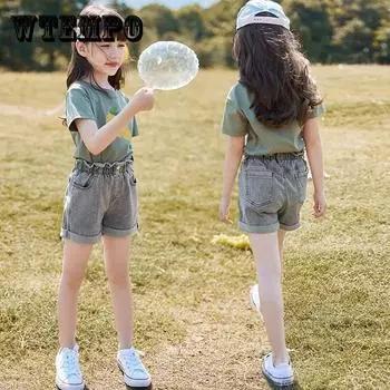 Комплект детской одежды из 2 предметов, весенне-летние костюмы для девочек с принтом, корейский топ с короткими рукавами и штаны с дырочками, комплект одежды 160 зелёный