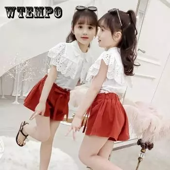 Комплект детской одежды из 2 предметов, весенне-летние костюмы для девочек, кружевной топ с короткими рукавами и штаны, комплект одежды 160 зелёный