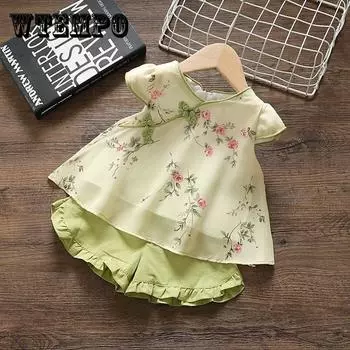 Комплект детской одежды из 2 предметов, весенне-летний костюм Тан и костюм Хана, костюмы для девочек, топ с короткими рукавами с принтом + брюки, комплект одежды 120 розовый
