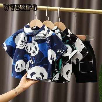 Комплект детской одежды из 2 предметов, весенне-летняя рубашка с принтом панды для мальчиков, шорты, однобортные тонкие костюмы 120 синий