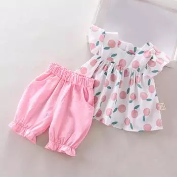 Комплект детской одежды из двух предметов: топ и шорты для девочек, футболка с расклешенными рукавами и шорты, летний детский костюм 10