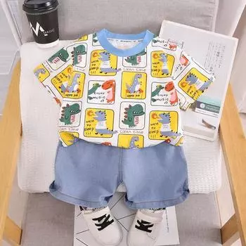 Комплект детской одежды, летняя дышащая футболка с рисунком динозавра для мальчика, полный принт, шорты с короткими рукавами и эластичной резинкой на талии, комплекты топ + шорты 6-12m жёлтый