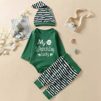 Комплект детской одежды на день Святого Патрика, комбинезон с четырьмя листьями и буквенным принтом, с круглым вырезом и длинными рукавами + полосатые штаны + комплект одежды с шапкой 80
