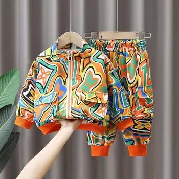 Комплект детской одежды Весенне-осенняя мода для мальчиков Куртка и штаны Детский модный повседневный комплект из двух предметов 150 синий