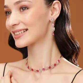 Комплект дизайнерского дизайнерского ожерелья Estele из розового золота с CZ и розовыми кристаллами для женщин