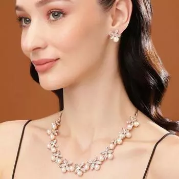 Комплект дизайнерского колье Estele из розового золота с цветком и кристаллами для женщин