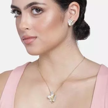 Комплект дизайнерского колье Estele с кленовым листом и жемчугом, позолоченным и родиевым покрытием, для женщин