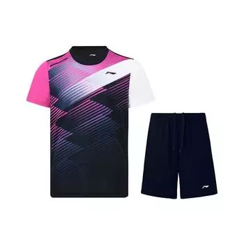 Комплект для бадминтона Li Ning, влагоотводящий, быстросохнущий, для тренировок и соревнований, с коротким рукавом, для мужчин, темно-синий AATS007-2 M