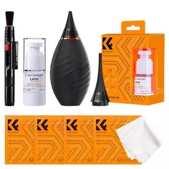 Комплект для чистки камер K&F Concept, набор из 9 предметов: силиконовая груша с коротким горлышком x 1 + длинная груша x 1 + чистящая салфетка x 6 + чистящий карандаш x 1 + чистящая жидкость