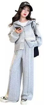 Комплект для детей, толстовки, одежда для девочек, юниоры, рост 120, 130, 140, 150, 160, 170 см, спортивные штаны, толстовка с капюшоном, длинный рукав, комплект из верхней и нижней части, начальная школа серый