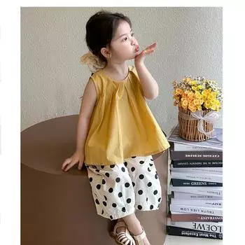 Комплект для девочек 0-5 лет Летний детский комплект для девочки топ с бантом + шорты в горошек двухпредметный комплект Милая детская одежда S жёлтый