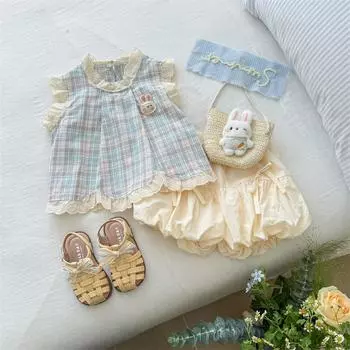 Комплект для девочек 0-5 лет Летний комплект для маленьких девочек Кружевная отделка Клетчатый топ без рукавов+повседневные шорты-бутон в цветочек Комплект из двух предметов Детская милая одежда S синий