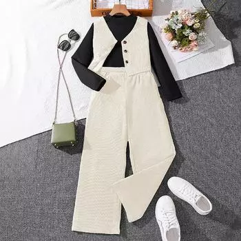 Комплект для девочек 6-12 лет, детский костюм, осень и зима, новый жилет, кардиган + трикотажная рубашка с длинными рукавами + брюки, детская одежда 130cm/8Y зелёный