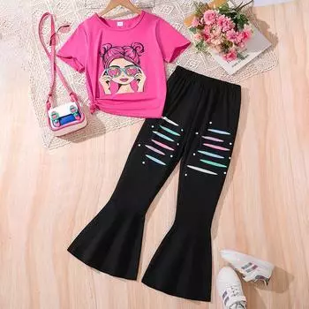 Комплект для девочек 6-13 лет, детская одежда, летний новый стиль, футболка с короткими рукавами и принтом для девочек + повседневные расклешенные брюки, 2 шт. 130cm/8Y красный