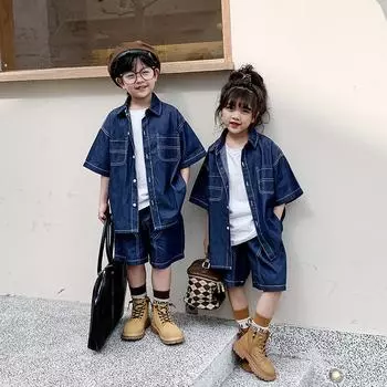 Комплект для девочек и мальчиков, летняя модная средняя и маленькая детская свободная одежда для отдыха родителей и детей, взрывная уличная ковбойская рубашка 140cm синий
