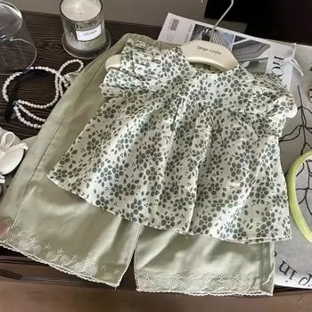 Комплект для девочек Летний Детский топ с принтом для девочки + повседневные зеленые шорты, комплект из двух предметов, милая детская одежда S зелёный