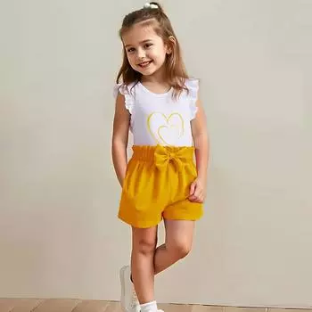 Комплект для девочек с принтом сердечек - Футболка с рукавом и шорты с бантом 90 жёлтый