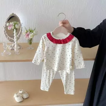 Комплект для девочки 2025 осень зарубежный стиль детский вишневый домашний костюм с разрезом снизу рубашка леггинсы комплект из двух предметов 66cm