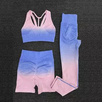 Комплект для йоги, леггинсы с высокой талией, бесшовные топы, спортивная одежда для тренировок, фитнес-градиент, фиолетовые штаны для йоги, женский спортивный костюм