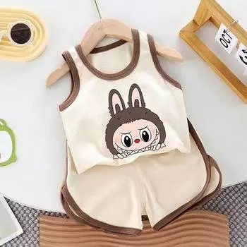 Комплект для мальчика и девочки Labubu в стиле кэжуал и минимализм, детский жилет из чистого хлопка и спортивные брюки, комплект из двух предметов 90