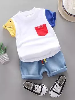 Комплект для мальчика из 2 предметов: летняя повседневная футболка из хлопка в стиле пэчворк для мальчиков и девочек + стильные джинсовые шорты All-match для детей 0-5 лет 1-2 Years белый