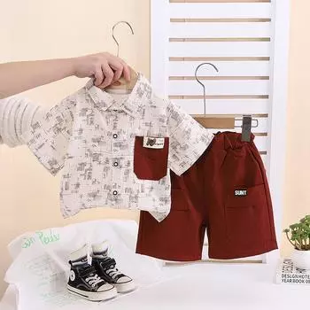 Комплект для мальчиков 0-5 лет Детский летний повседневный комплект из двух предметов: тонкая рубашка с короткими рукавами и шортами S красный