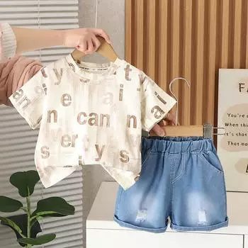 Комплект для мальчиков 0-5 лет, детские шорты с короткими рукавами и принтом «тай-дай», детский повседневный комплект из двух предметов из джинсов S бежевый