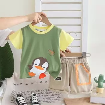 Комплект для мальчиков 0-5 лет, детский комплект из двух предметов с круглым вырезом и рисунком пингвина в виде цветного топа + повседневные шорты S зелёный