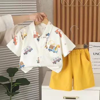 Комплект для мальчиков 0-5 лет, детская футболка с изображением машинки из мультфильма + шорты, повседневный и простой комплект из двух предметов для мальчиков и малышей S жёлтый