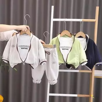 Комплект для мальчиков 0-5 лет, весенне-осенний детский стильный кардиган, детская весенняя куртка с полувысоким воротом на молнии, комплект из трех предметов S бежевый