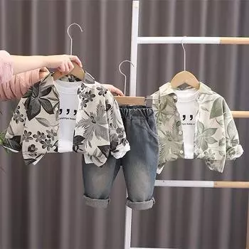 Комплект для мальчиков 0-5 лет Детская рубашка с принтом, куртка с длинными рукавами, круглый вырез, белый топ, повседневный комплект из джинсов, три предмета S серый