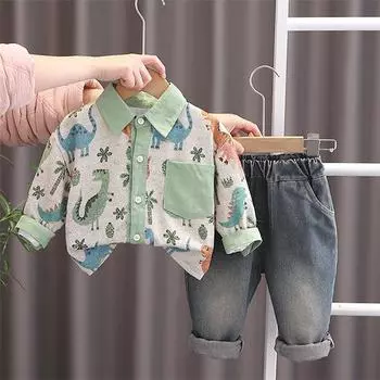 Комплект для мальчиков 0-5 лет Детская рубашка с принтом, куртка с длинными рукавами и джинсовые брюки Комплект из двух предметов Модная одежда для малышей S зелёный