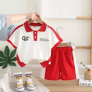 Комплект для мальчиков, цветная рубашка-поло, короткие рукава, шорты, детский повседневный и красивый комплект из двух предметов S красный