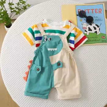 Комплект для мальчиков, детская модная цветная полосатая футболка с короткими рукавами, комбинезон с изображением динозавра, повседневный детский комплект из двух предметов S зелёный